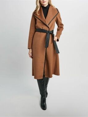 New Tahari Petite Juliette Belted Midi Wool Coat- Caramel Brown & Black Sz PXXL